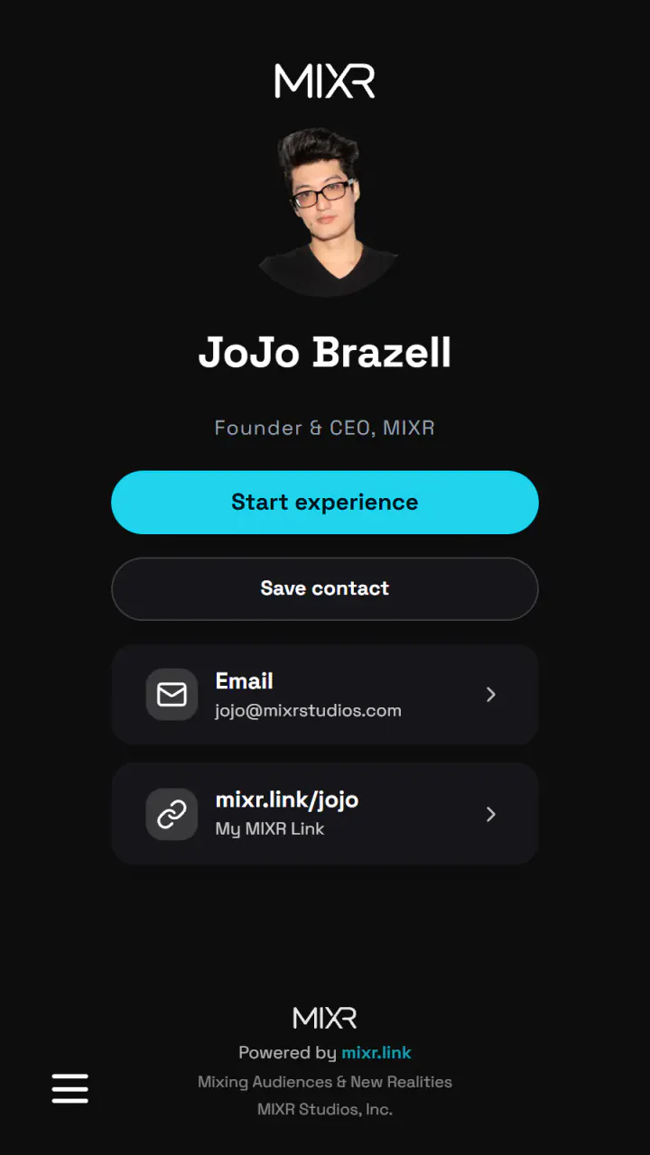 A MIXR Link page our AI built, on a phone