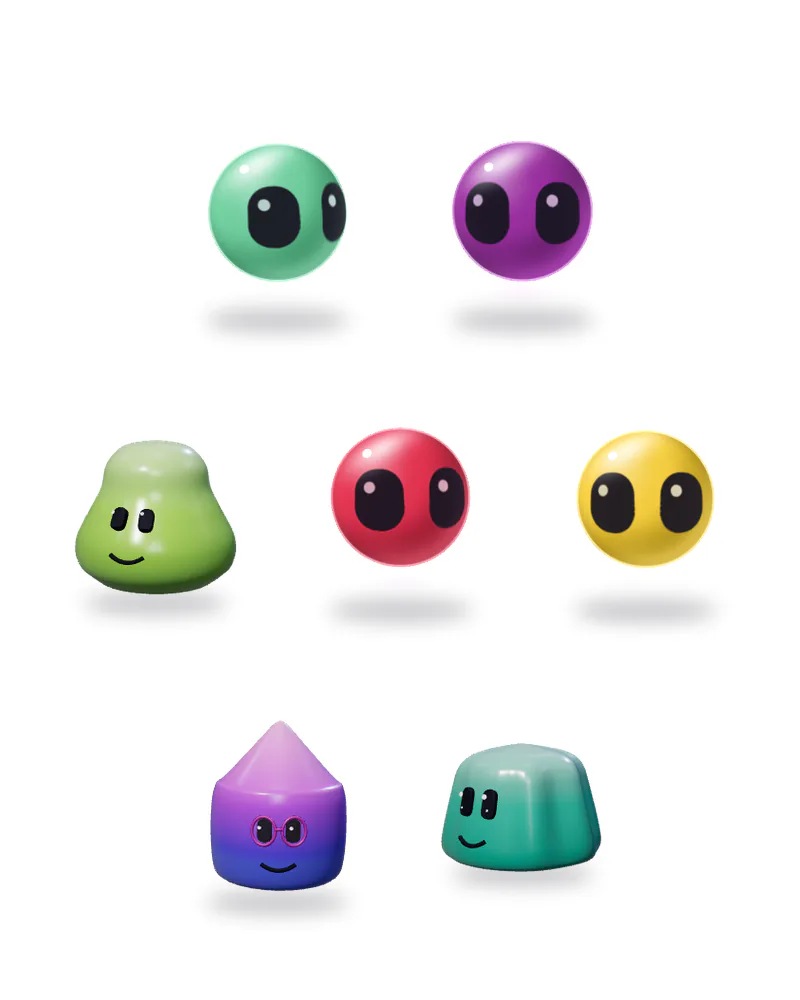The AI crew: DOT, ZIP, RIO, POP, KASH, HUE and FLIP